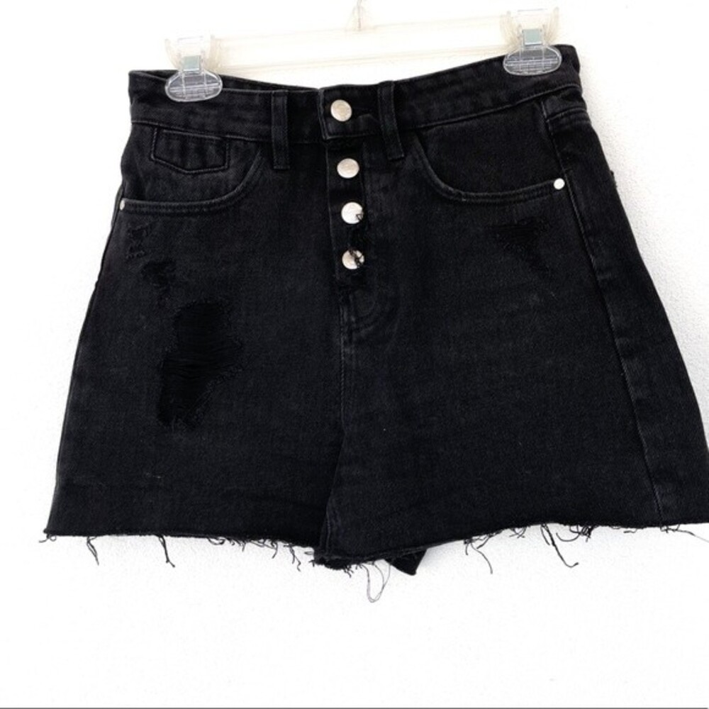 Zara High Rise Waist Black Distressed Denim Jean Short Exposed Button Fly Size 2